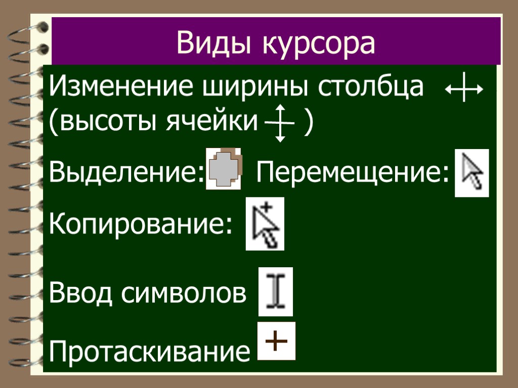 Виды курсора Изменение ширины столбца (высоты ячейки ) Выделение: Перемещение: Копирование: Ввод символов Протаскивание